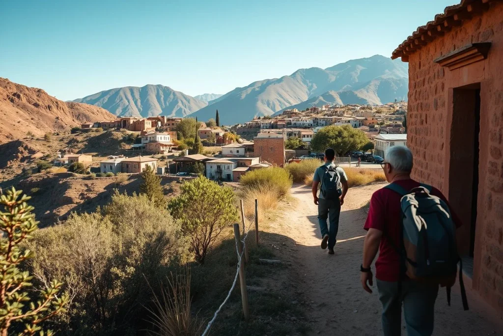 Two hikers walk along a narrow dirt trail beside a rustic earthen building, overlooking a mountain village and rugged Atlas