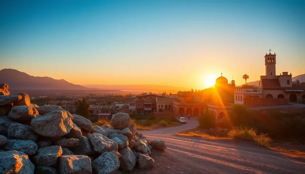 A rocky foreground overlooks a Moroccan town and broad mountain valley at sunset, with a domed square-towered building on