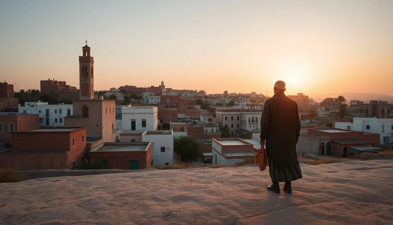 A man in traditional clothing stands on a rooftop overlooking a low-rise Moroccan city at warm sunrise, with a square