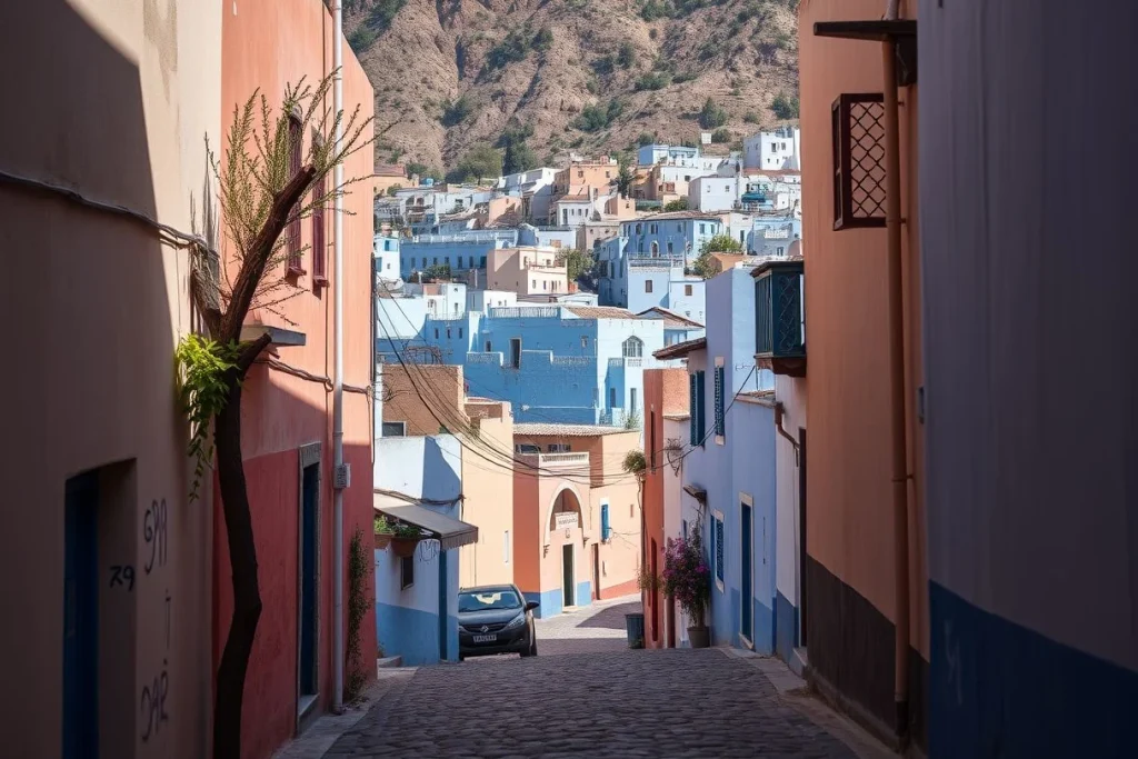 A steep cobbled lane in Chefchaouen descends between blue, white, and salmon-painted buildings toward a cluster of hillside