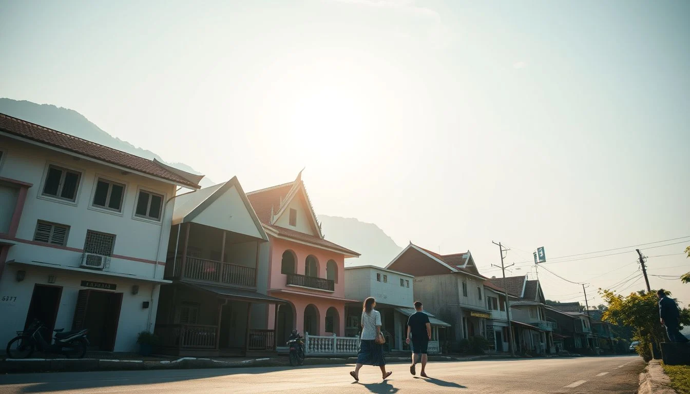 A quiet Thai town street with low-rise homes, two pedestrians, scooters, and a hazy mountain ridge behind the buildings in