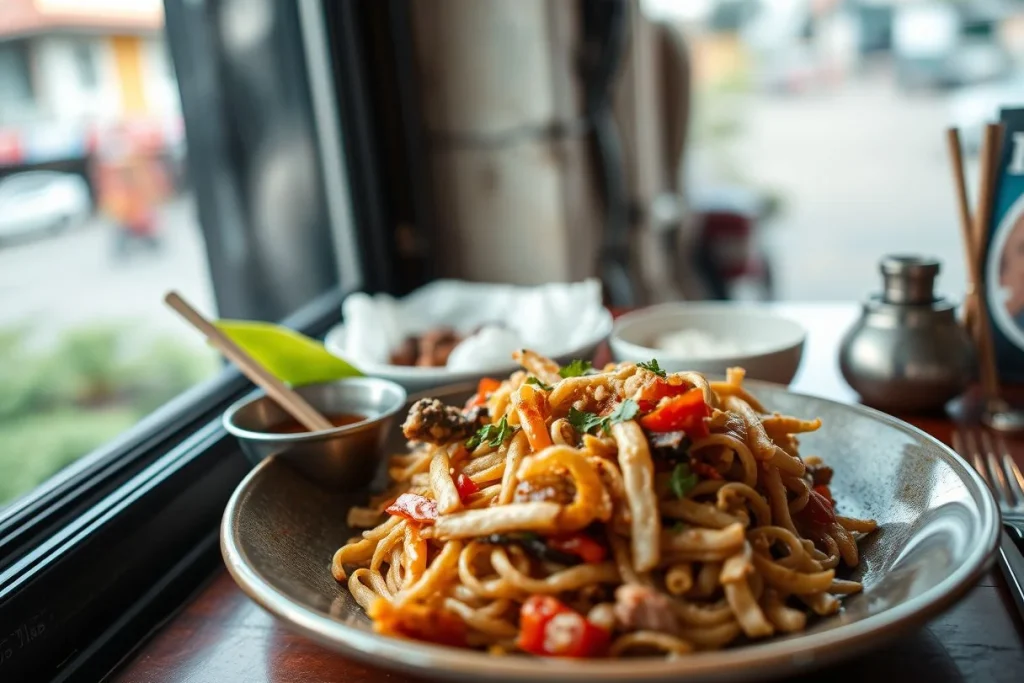 Close-up of a large plate of stir-fried noodles with vegetables and meat on a wooden table beside a window, accompanied by