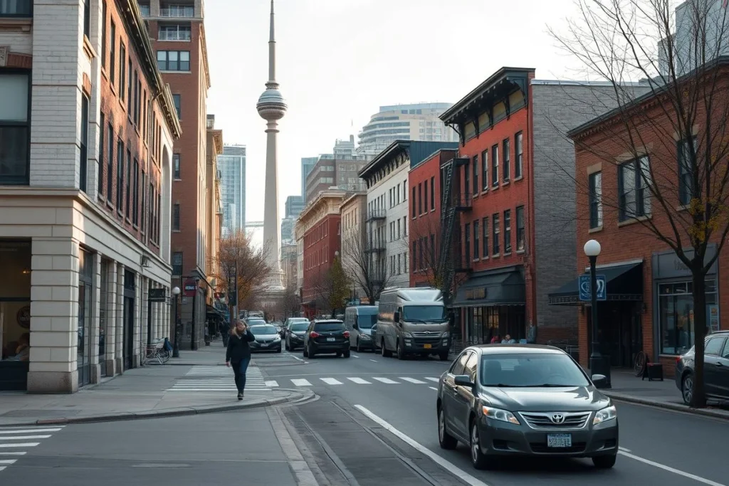 A Toronto street lined with brick and mid-rise buildings, cars, a pedestrian, and the CN Tower visible in the background.