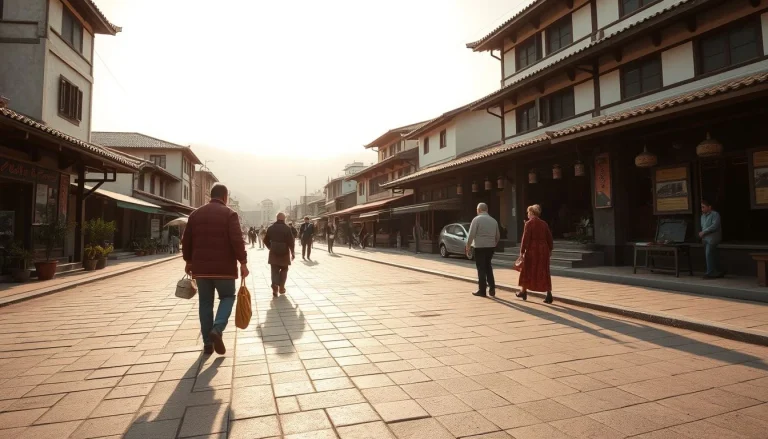 A sunlit pedestrian street lined with traditional-style tiled-roof shops and several casually dressed people walking through
