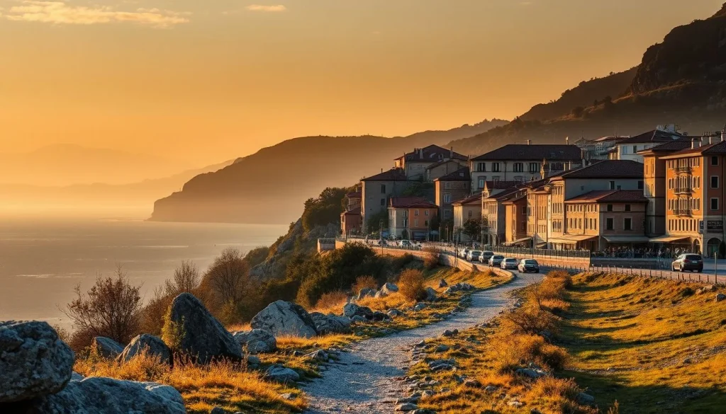 A golden-hour coastal European town sits on a steep hillside above the sea, with a winding pedestrian path, roadside cars