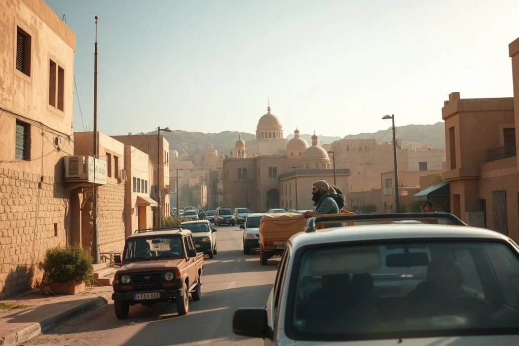 A traffic-filled Egyptian-looking street with cars, a loaded pickup, low-rise buildings, and a large domed mosque set
