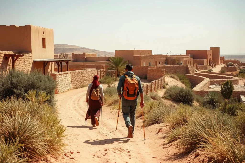 Two hikers seen from behind walk along a sandy trail through a mud-brick Saharan settlement surrounded by dry shrubs and