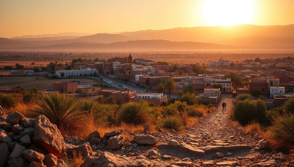 A rocky path through dry grasses and palms descends toward an ochre-colored Marrakech suburb, with the Atlas Mountains