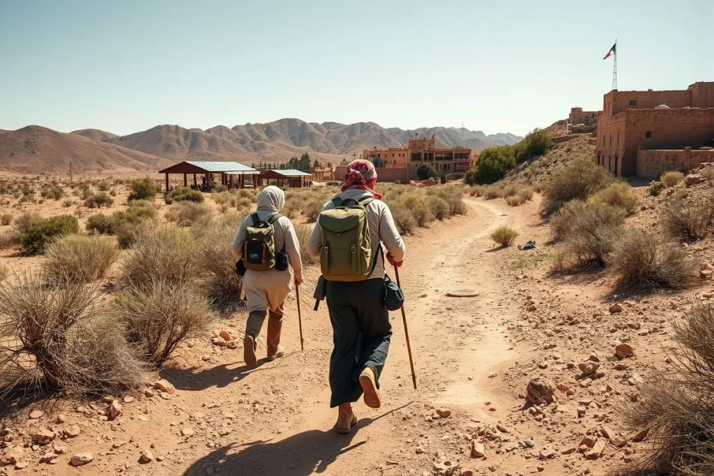 Two hikers with backpacks walk along a rocky desert trail toward an adobe settlement beneath dry, rugged mountains.