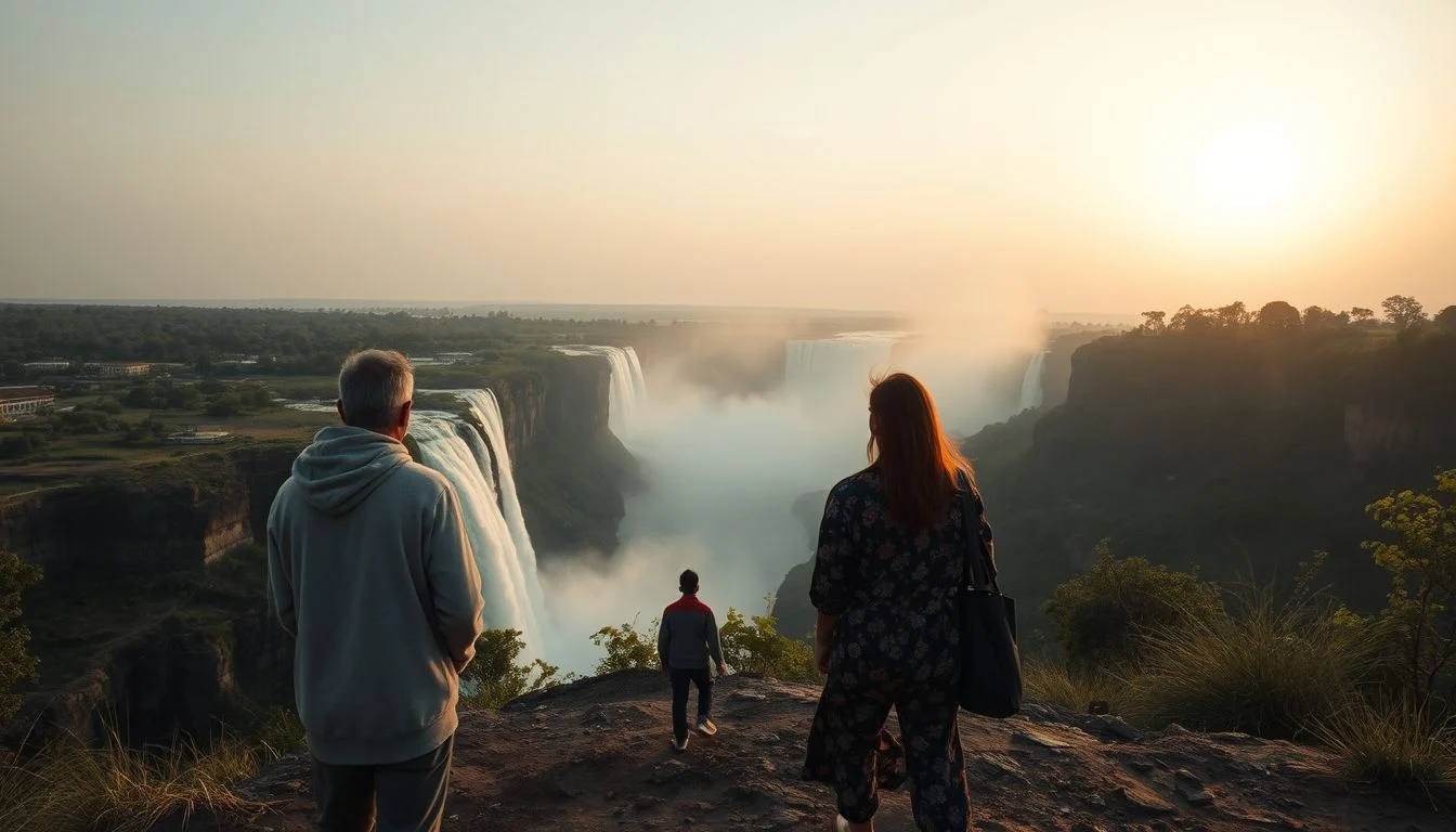 Three visitors stand on a rocky overlook at sunrise above the misty cascades and forested gorge of Victoria Falls.