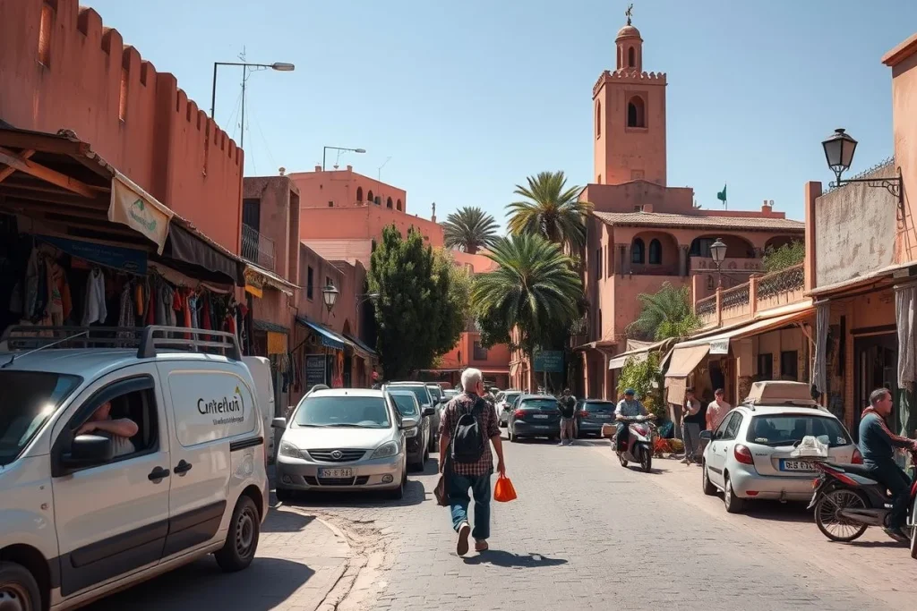 A sunny Marrakech street lined with terracotta buildings, palm trees, market stalls, parked cars and a mosque minaret, with