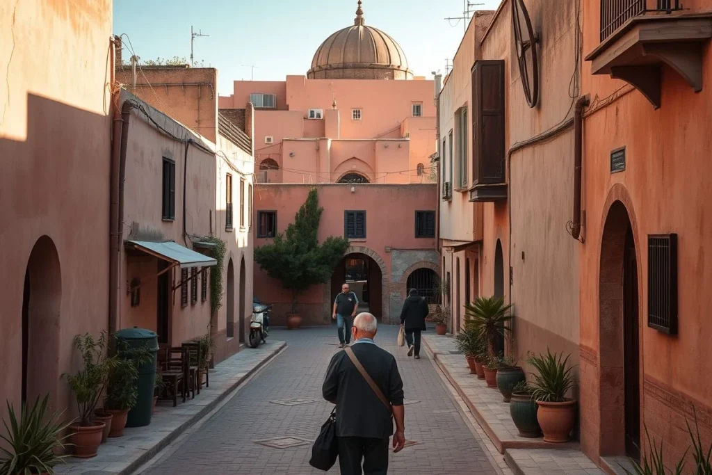 A narrow pink-walled Medina lane in Marrakech with potted plants, arched doorways, a domed building in the background, and