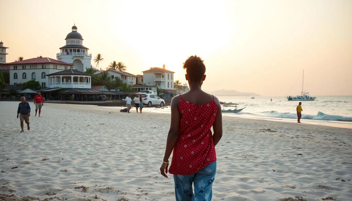 A woman seen from behind walks across a sandy Zanzibar beach toward low coastal buildings, boats and calm sea in warm