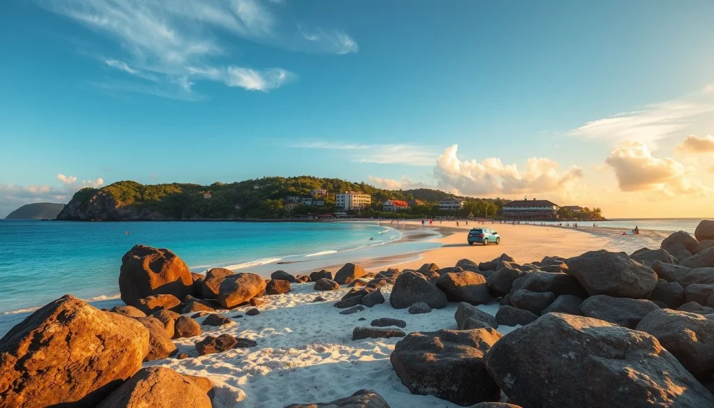A golden-hour tropical beach curves around a calm bay, with large foreground boulders, hillside buildings, a sailboat, and