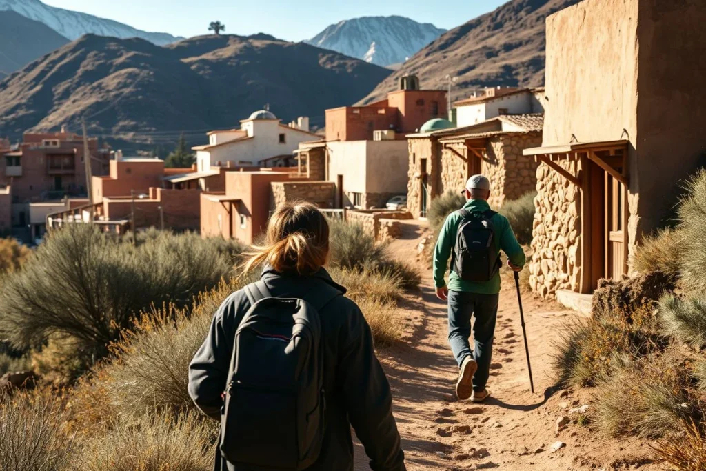 Two hikers with backpacks walk along a dry mountain trail through a village beneath the High Atlas mountains in Morocco.