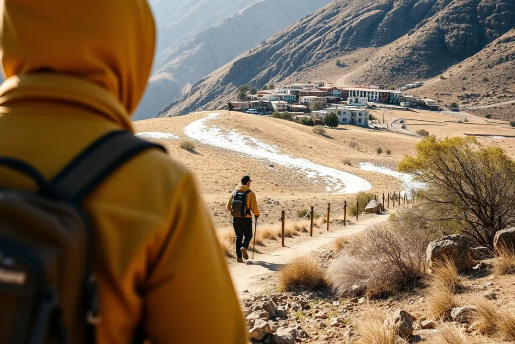Two hikers, seen from behind, walk a dry mountain trail toward a small settlement in a rugged High Atlas valley, with sparse