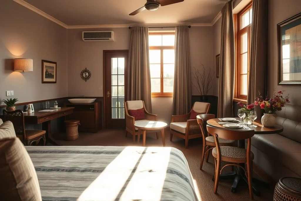 A warmly lit, unoccupied hotel room with a bed, sitting area, dining table set for a meal, desk, sink, flowers, and tall