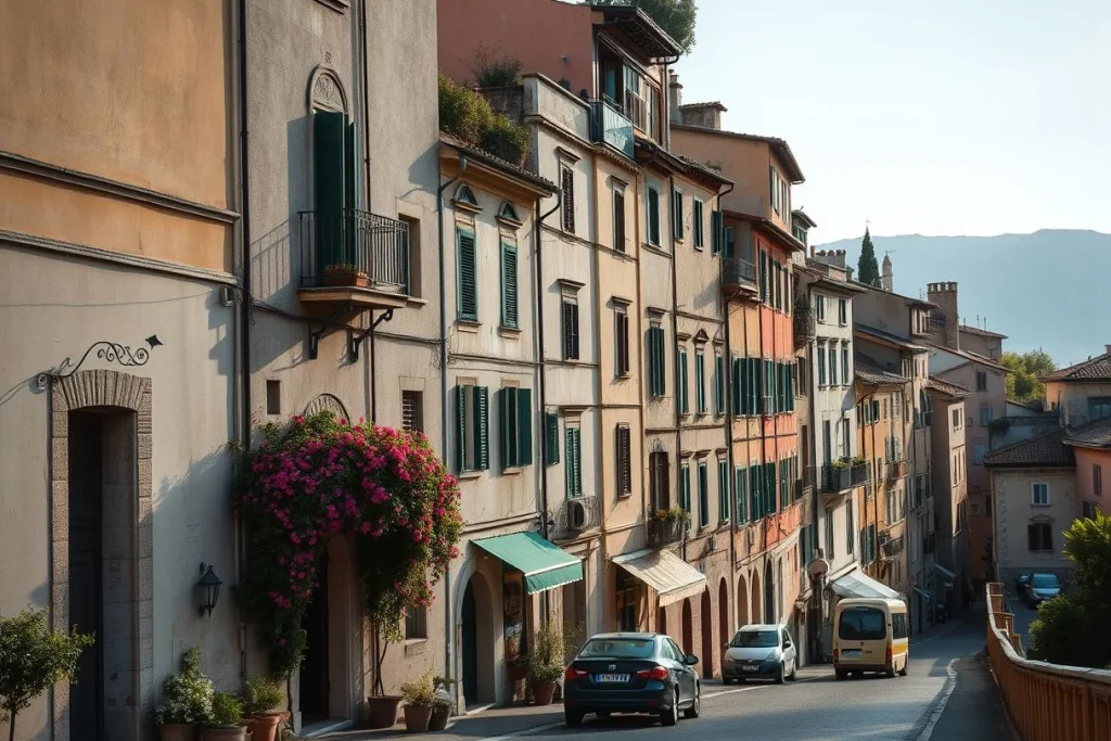 A sunlit Italian hillside street lined with pastel historic buildings, green shutters, flower-filled balconies, parked cars