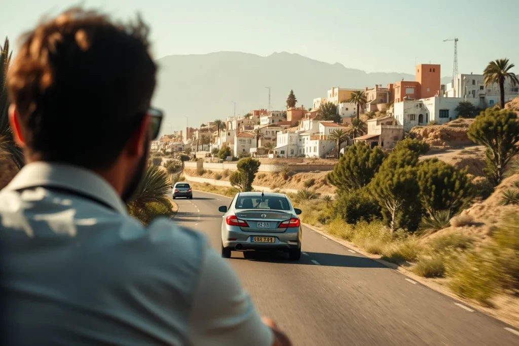 A road curves through a dry Moroccan town with palm trees and hillside buildings, viewed from behind a passenger while two