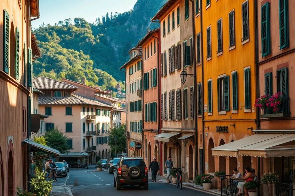 A sunlit Italian-looking mountain town street lined with colorful shuttered buildings, parked cars, pedestrians, and a steep