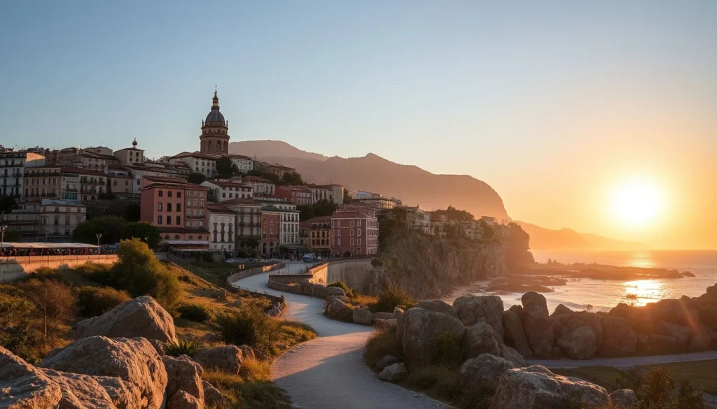 A domed church and dense cliffside European town overlook a rocky ocean coast at sunset, with a winding path and mountains