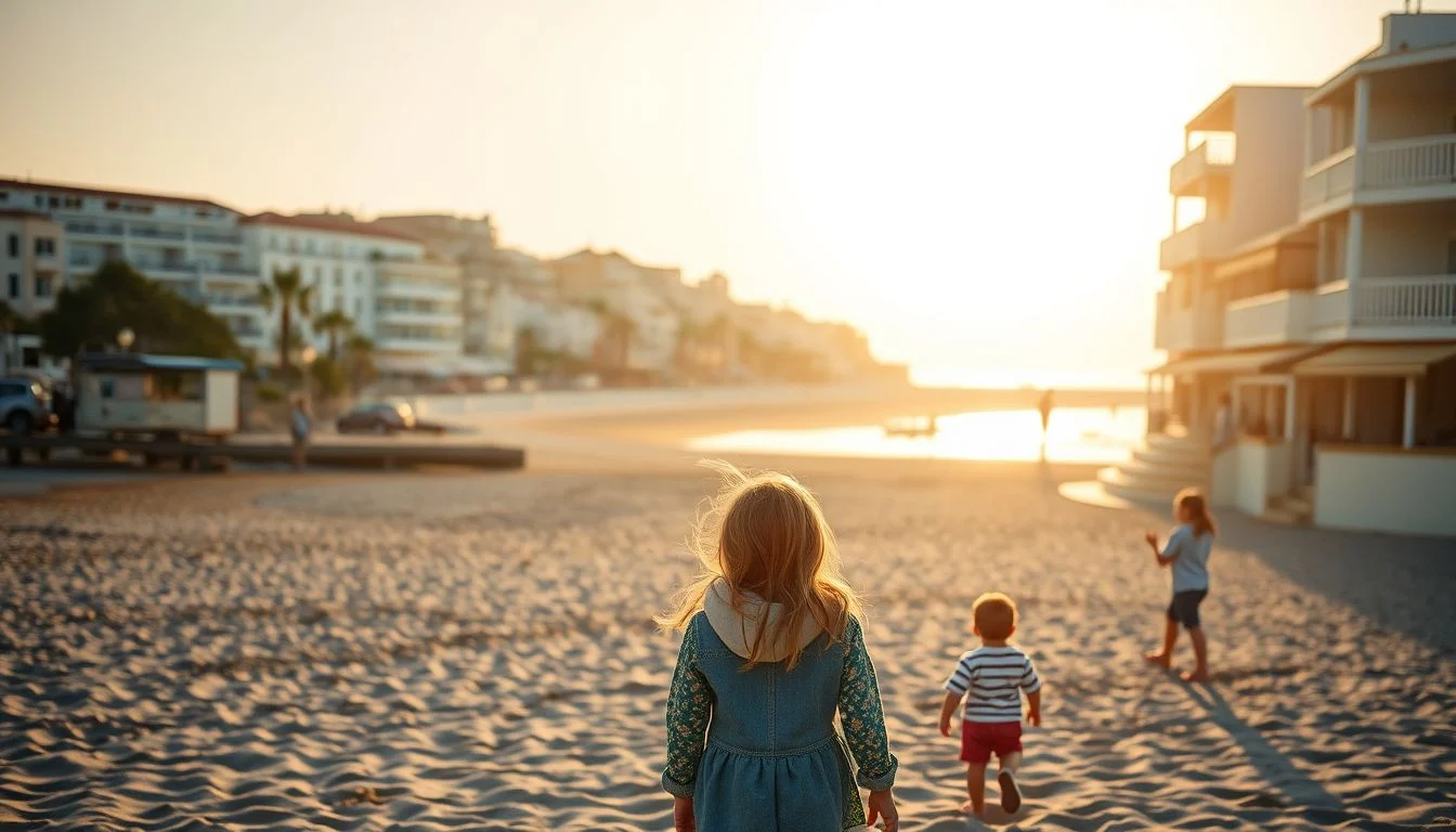 Three young children walk across a sandy beachfront promenade toward the bright sea, with apartment-style resort buildings