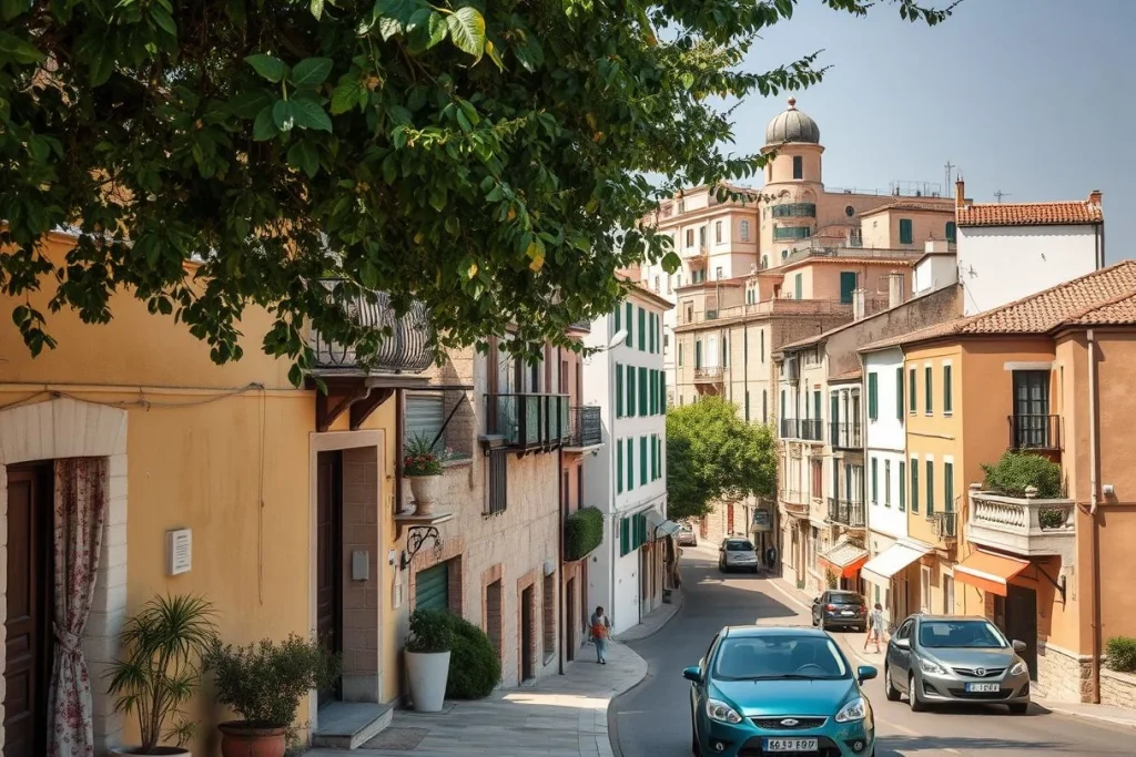A sunlit, narrow Mediterranean-looking residential street lined with colorful multi-storey buildings, parked cars, potted