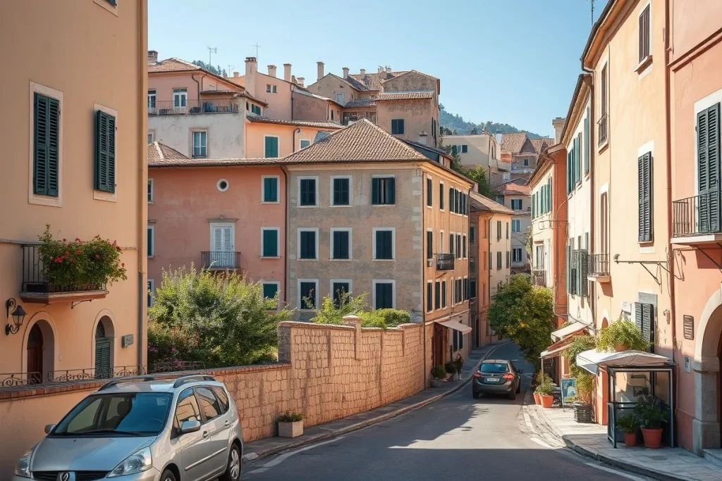A sunlit narrow street in a hilly southern-European town, lined with pastel stucco buildings, green shutters, awnings