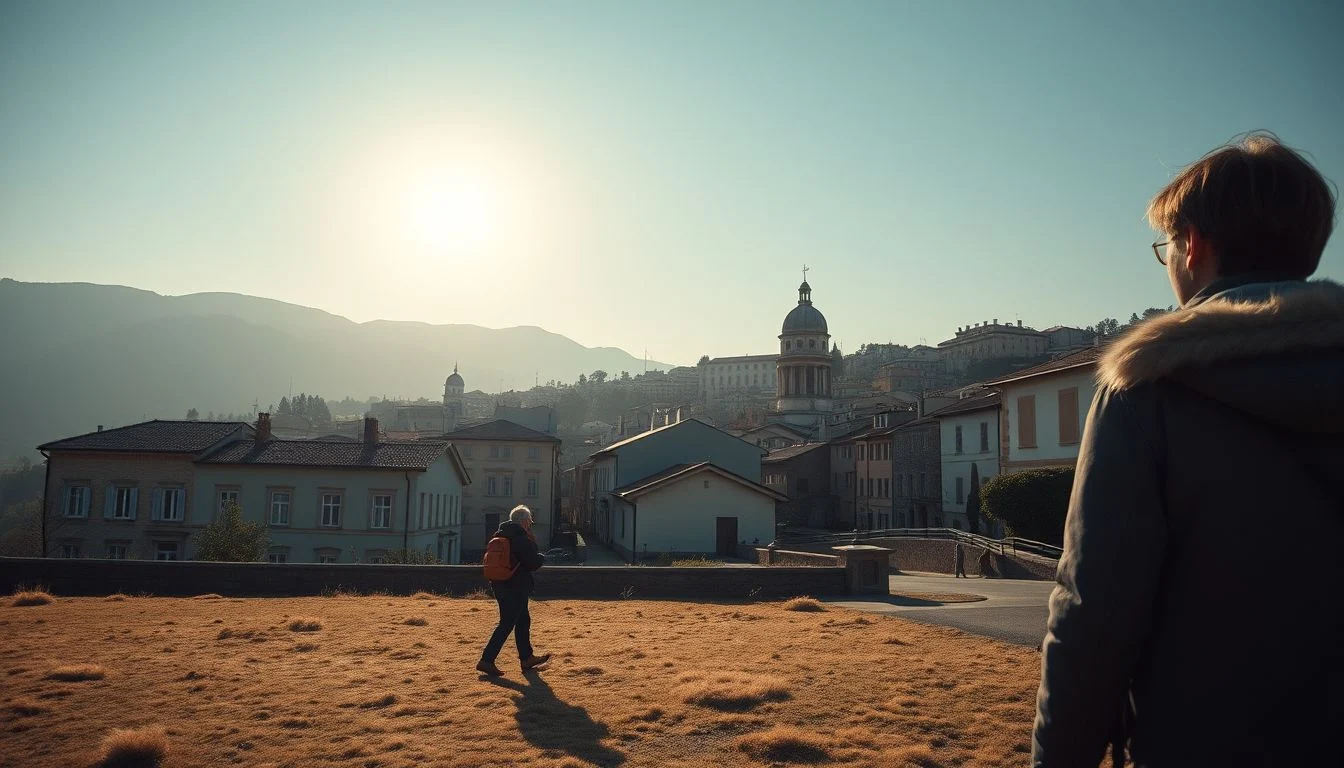 A person in a dark coat stands in the right foreground overlooking a sunlit hillside town with domed buildings, mountains