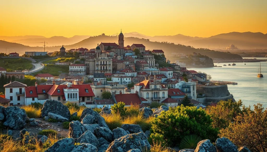 A sunlit coastal hillside town with red-roofed buildings and a church tower overlooks a calm bay, with rocky vegetation in