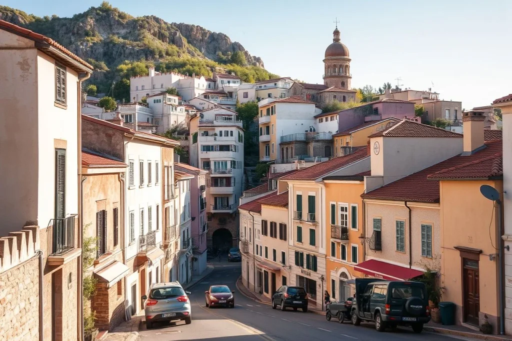 A sunlit Mediterranean hillside town street with tightly packed pastel buildings, parked cars, and a domed religious tower