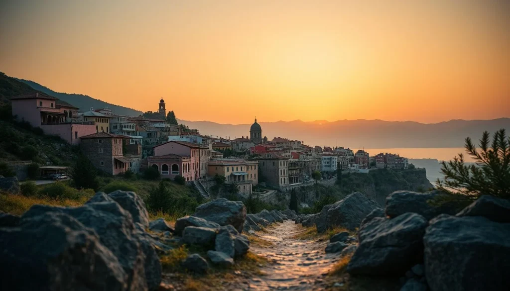 A rocky footpath leads through foreground boulders toward a densely built Mediterranean-looking town on a coastal cliff at