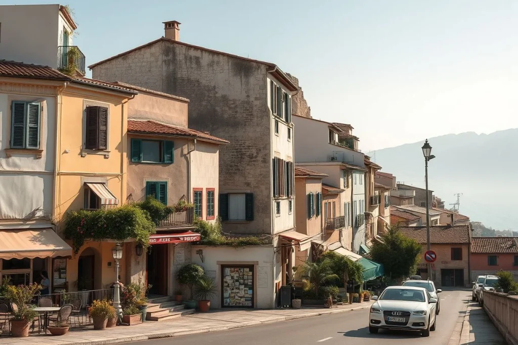 A sunlit Mediterranean-looking hillside street lined with pastel stucco buildings, cafes, parked cars, and distant mountains.