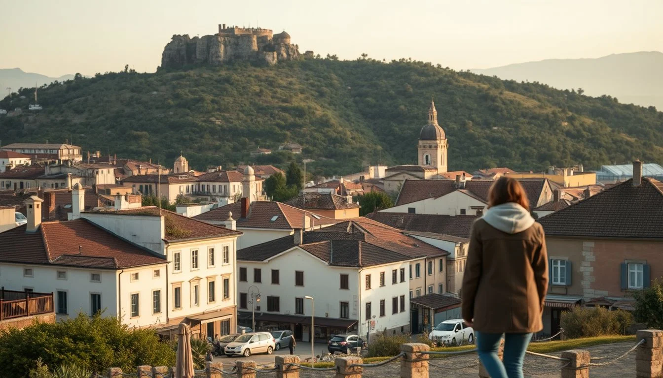 A warm early-morning view over a tiled-roof town, with a solitary person in the foreground and a fortified hilltop structure