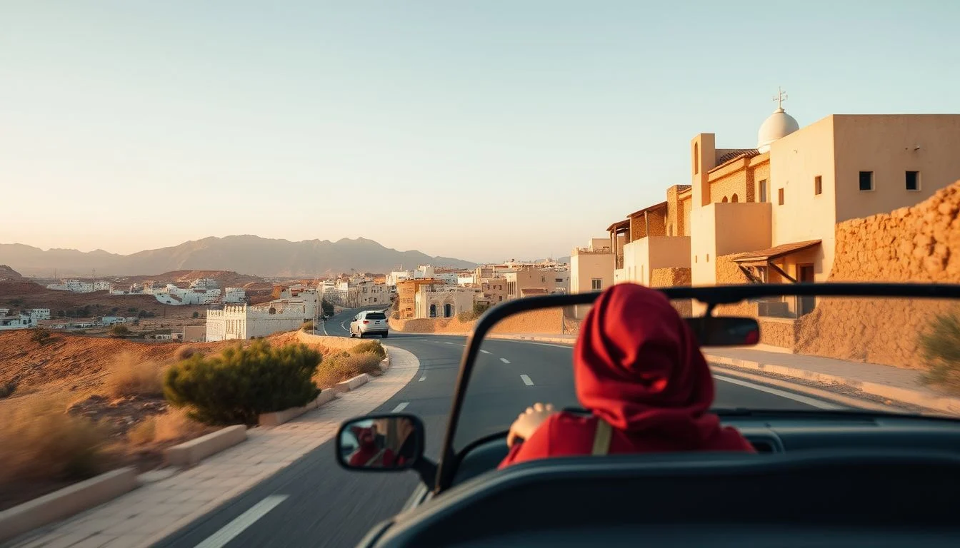 A person in a red head covering drives along a curving paved road through a sunlit Moroccan hillside town, with dry terrain