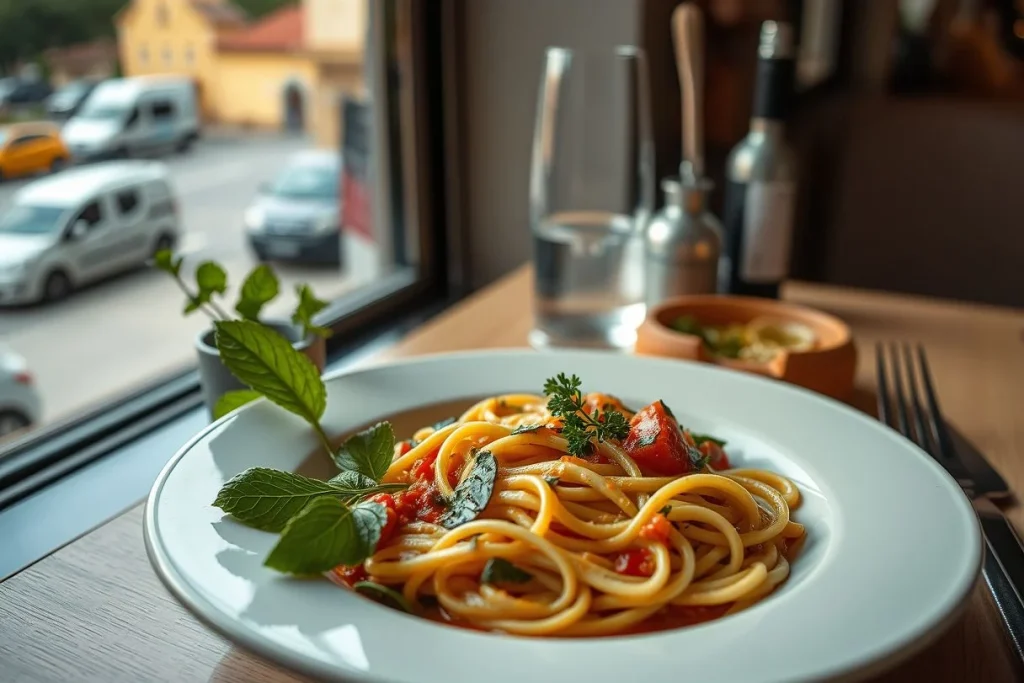A plate of tomato-coated spaghetti with fresh green herbs sits on a wooden restaurant table beside a window overlooking a