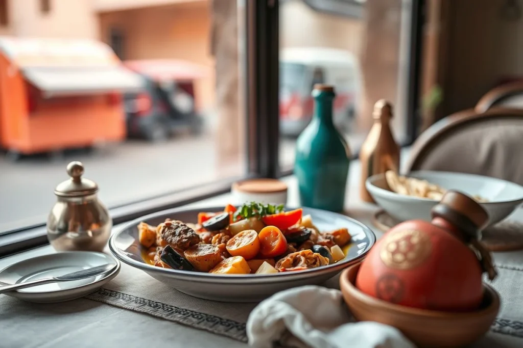 A close-up restaurant table by a window with a vegetable-and-meat dish in a shallow ceramic bowl, surrounded by bottles