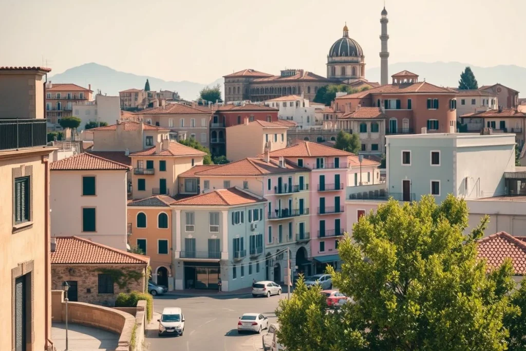 A sunlit hillside city of pastel buildings with red-tiled roofs, a domed mosque and minaret in the background, mountains