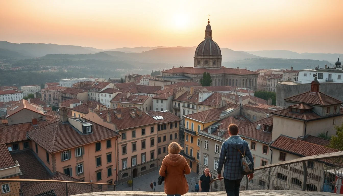 A warm early-morning view over a dense terracotta-roofed European city, with two people in the foreground and a prominent