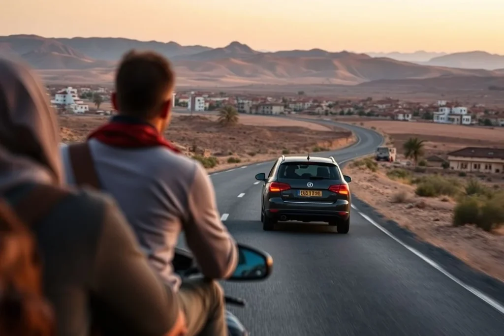 A car drives along a winding paved road toward a small desert settlement, with two out-of-focus passengers in the foreground