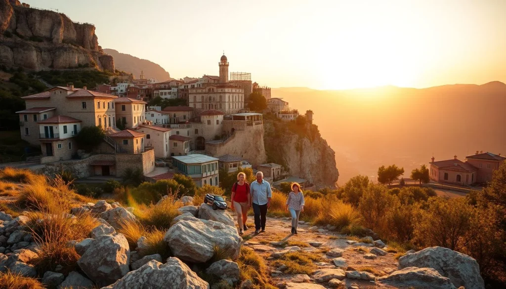 Three adults walk along a rocky path at sunset above a densely built cliffside settlement with a tall minaret-like tower and