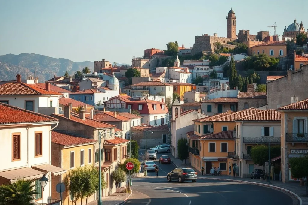 A sunlit Mediterranean-looking hillside town with terracotta roofs, a curving road, parked cars, and a fortified upper