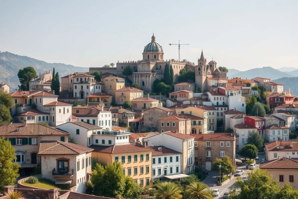 A dense Mediterranean-style town of terracotta-roofed homes sits below mountains, with a large domed church or monastery and