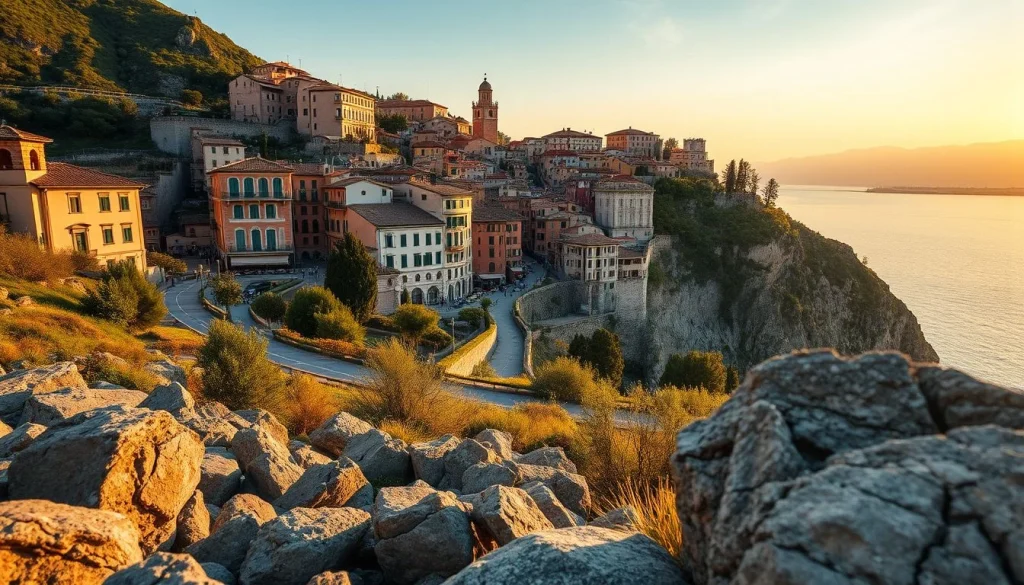 A densely built Italian-looking hillside town with terracotta-roofed buildings and a church tower overlooks a large body of