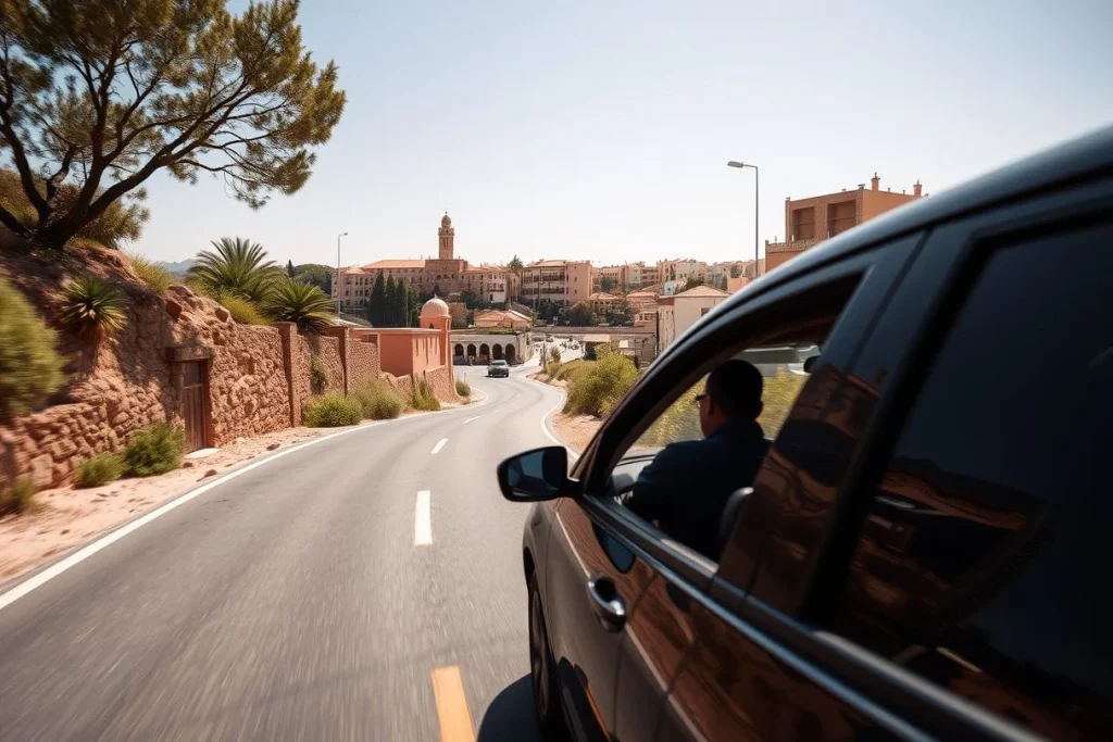 A black car drives along a winding paved road past palm trees, red-earth walls, and a Moroccan town with a minaret in the