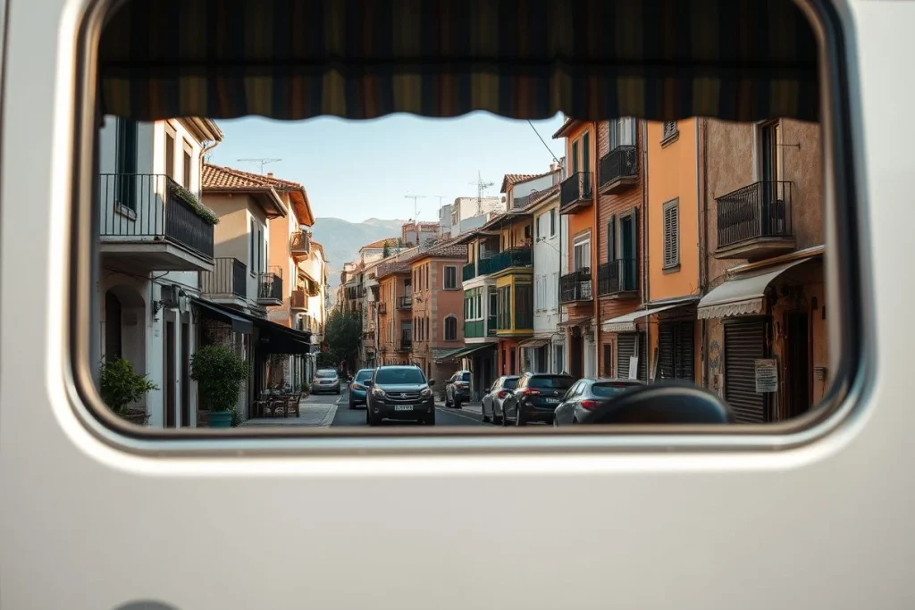 A quiet Mediterranean-style town street with parked cars and low-rise balconies is viewed through a vehicle window in clear