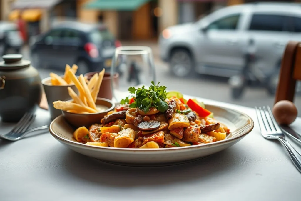 A shallow-focus restaurant table holds a large plate of mixed pasta, vegetables, meat and herbs, with fries, a dark pot and