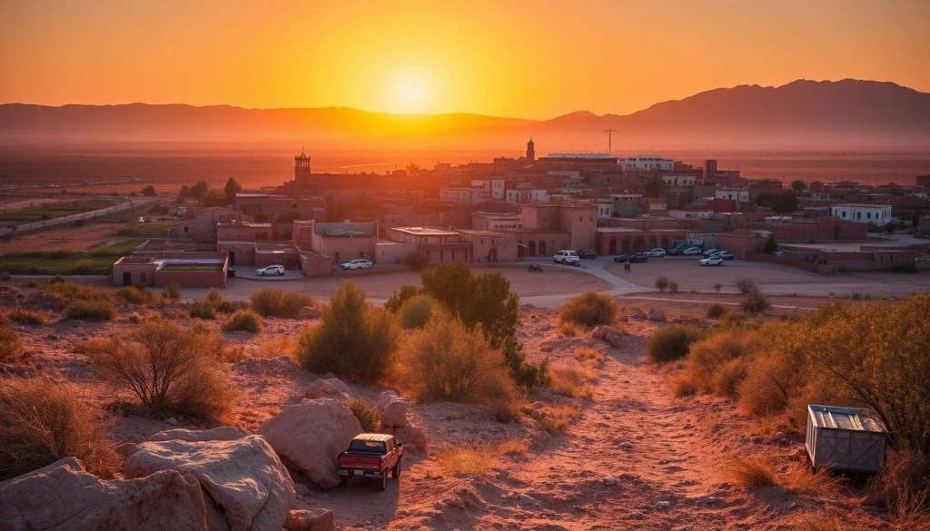 A golden-hour view over a sparse ochre Moroccan settlement, with scrub-covered rocky ground in the foreground, distant