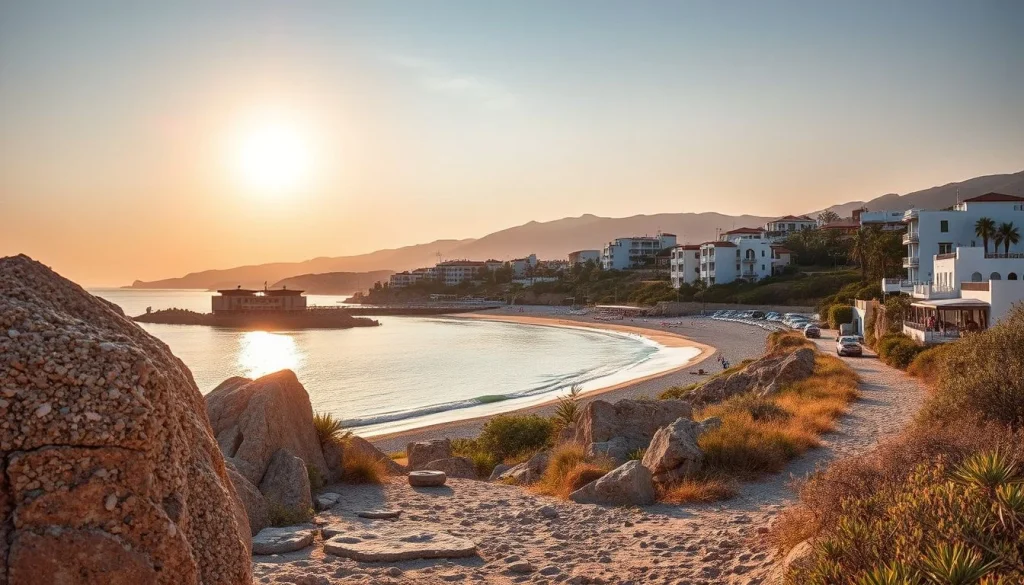 A quiet crescent-shaped beach and calm bay beside white resort buildings, viewed from a rocky sandy path at golden hour with
