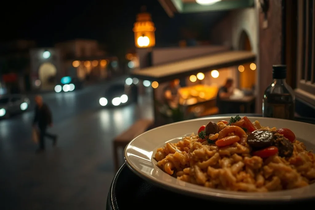 A warmly lit plate of food sits in the foreground beside a dark bottle, overlooking a softly blurred Marrakech-like street